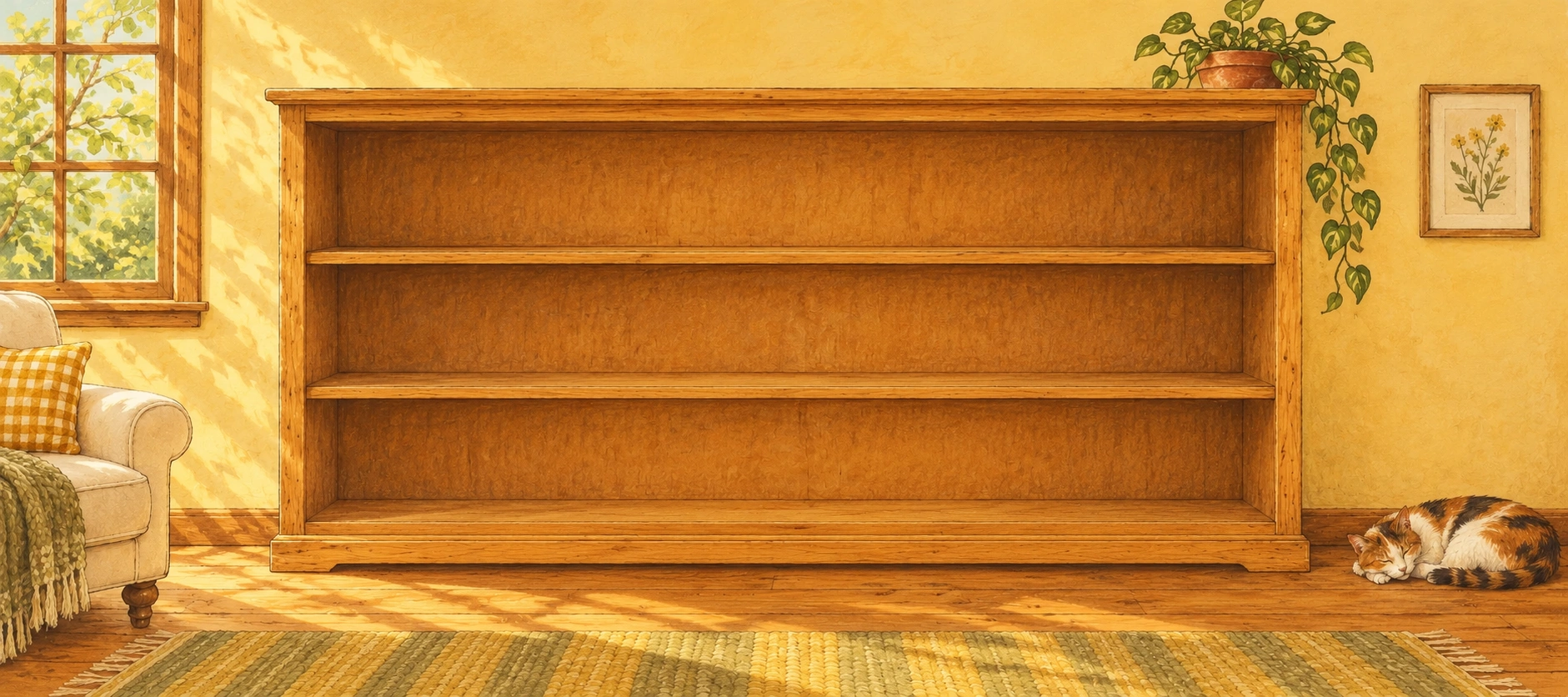 A sunlit oak bookcase, a gingham armchair, trailing plants, and a sleeping calico cat.