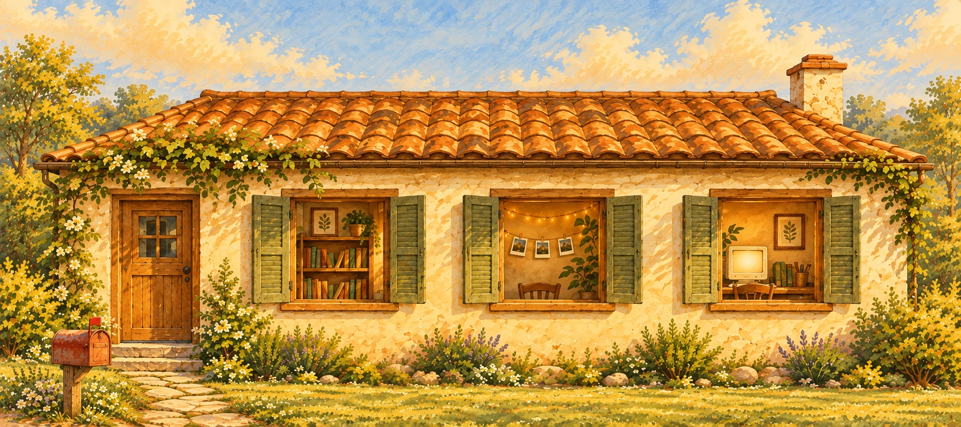 A cozy single-story cottage with a terracotta roof and three open windows: a bookshelf, a string of Polaroids, and a glowing journal desk.