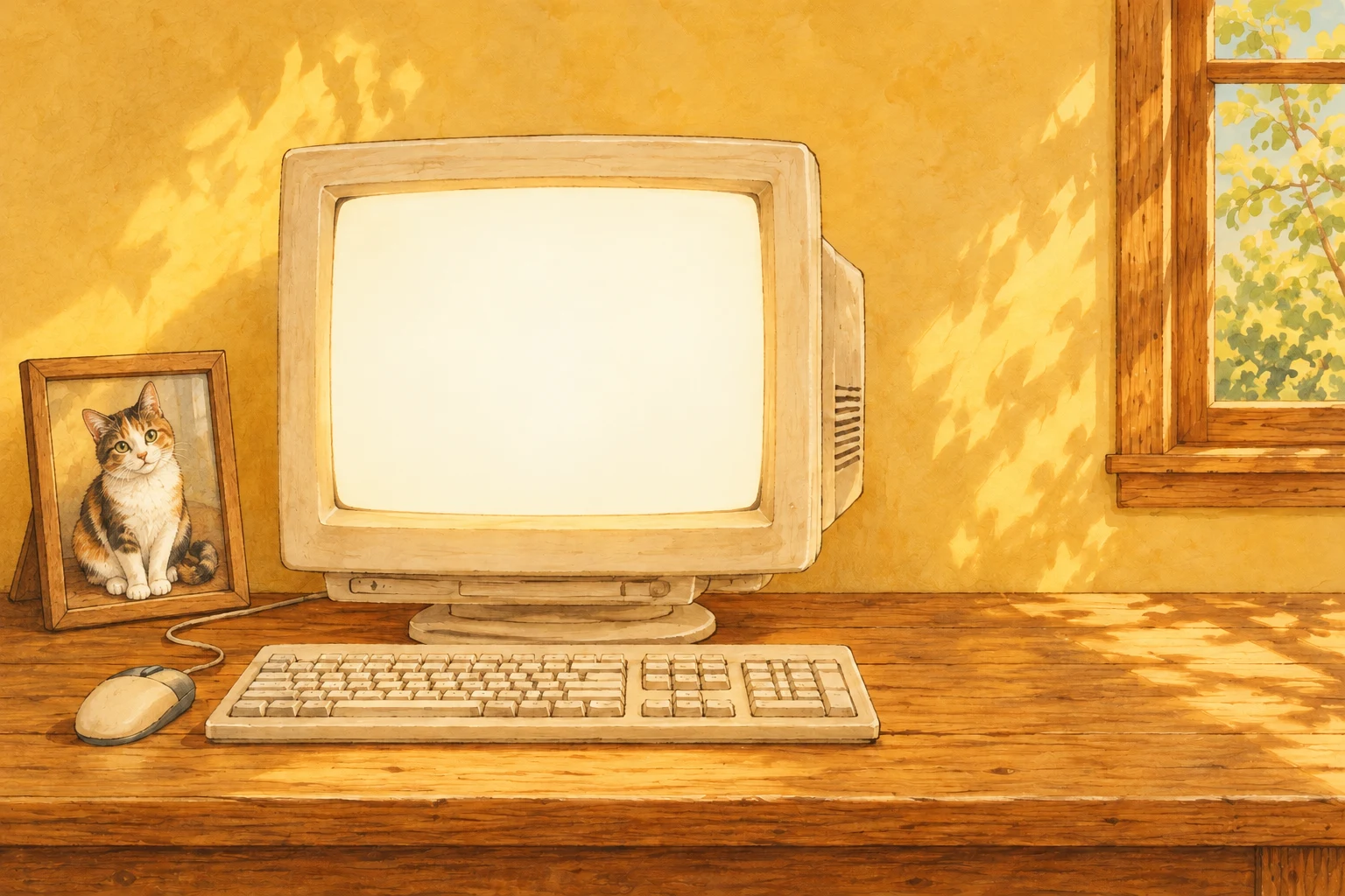 A glowing cream computer on a sunlit wooden writing desk.
